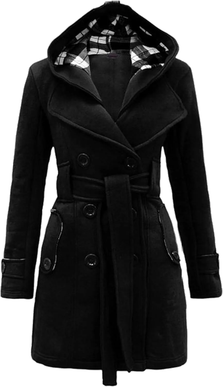 GRASWE Womens Double Breasted Casual Jacket Spring Fall Commuting Coat Loose Belted Mid Length Hood Pea Coat