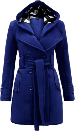 GRASWE Womens Double Breasted Casual Jacket Spring Fall Commuting Coat Loose Belted Mid Length Hood Pea Coat