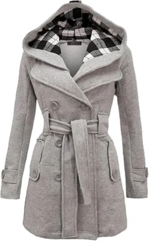 GRASWE Womens Double Breasted Casual Jacket Spring Fall Commuting Coat Loose Belted Mid Length Hood Pea Coat