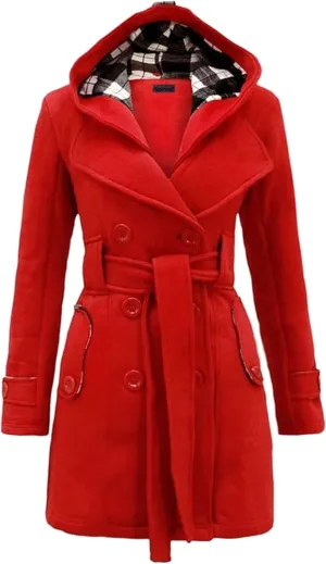 GRASWE Womens Double Breasted Casual Jacket Spring Fall Commuting Coat Loose Belted Mid Length Hood Pea Coat