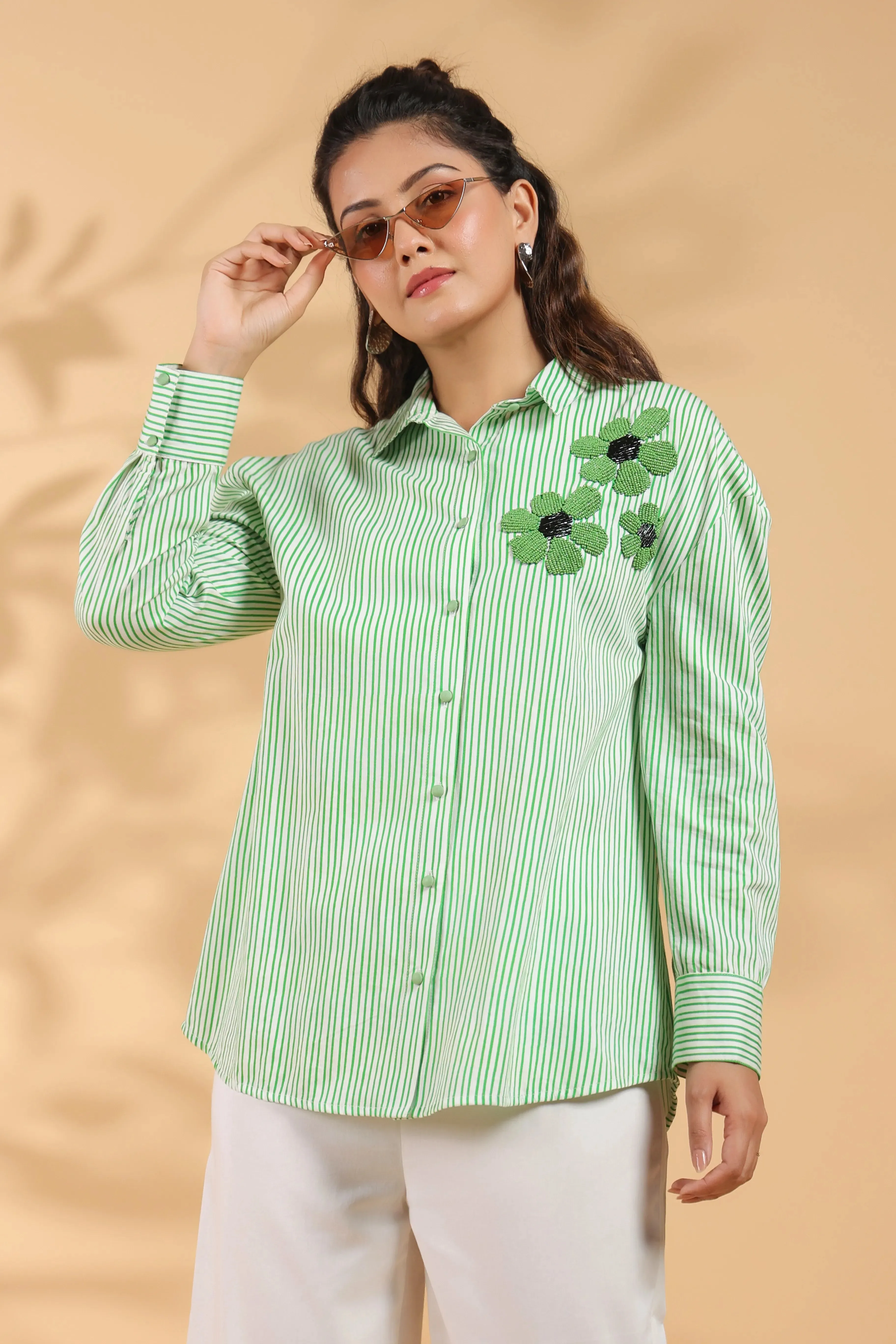 Green & White Stripe Cotton Satin Beaded flower Embroidered Shirt