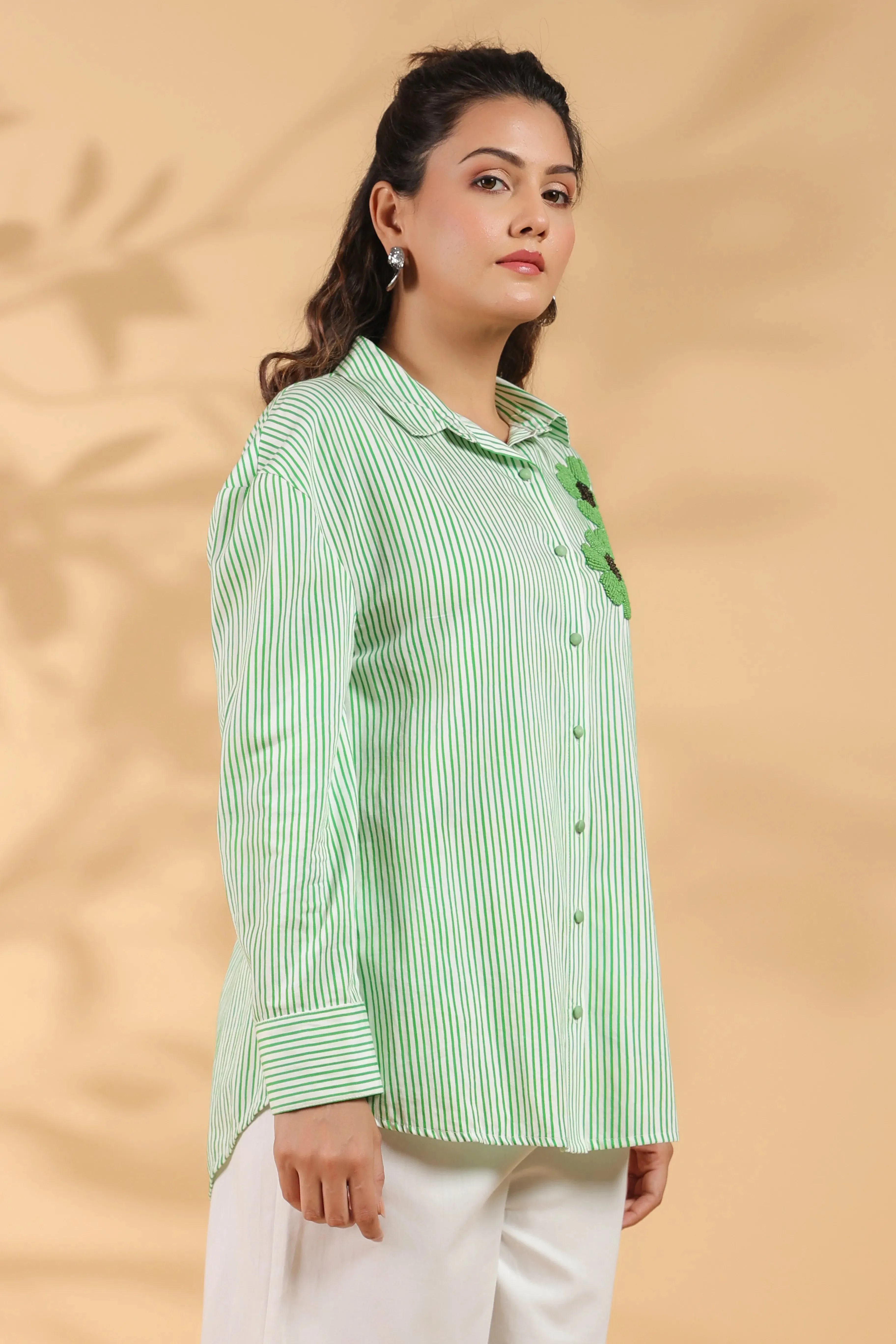 Green & White Stripe Cotton Satin Beaded flower Embroidered Shirt