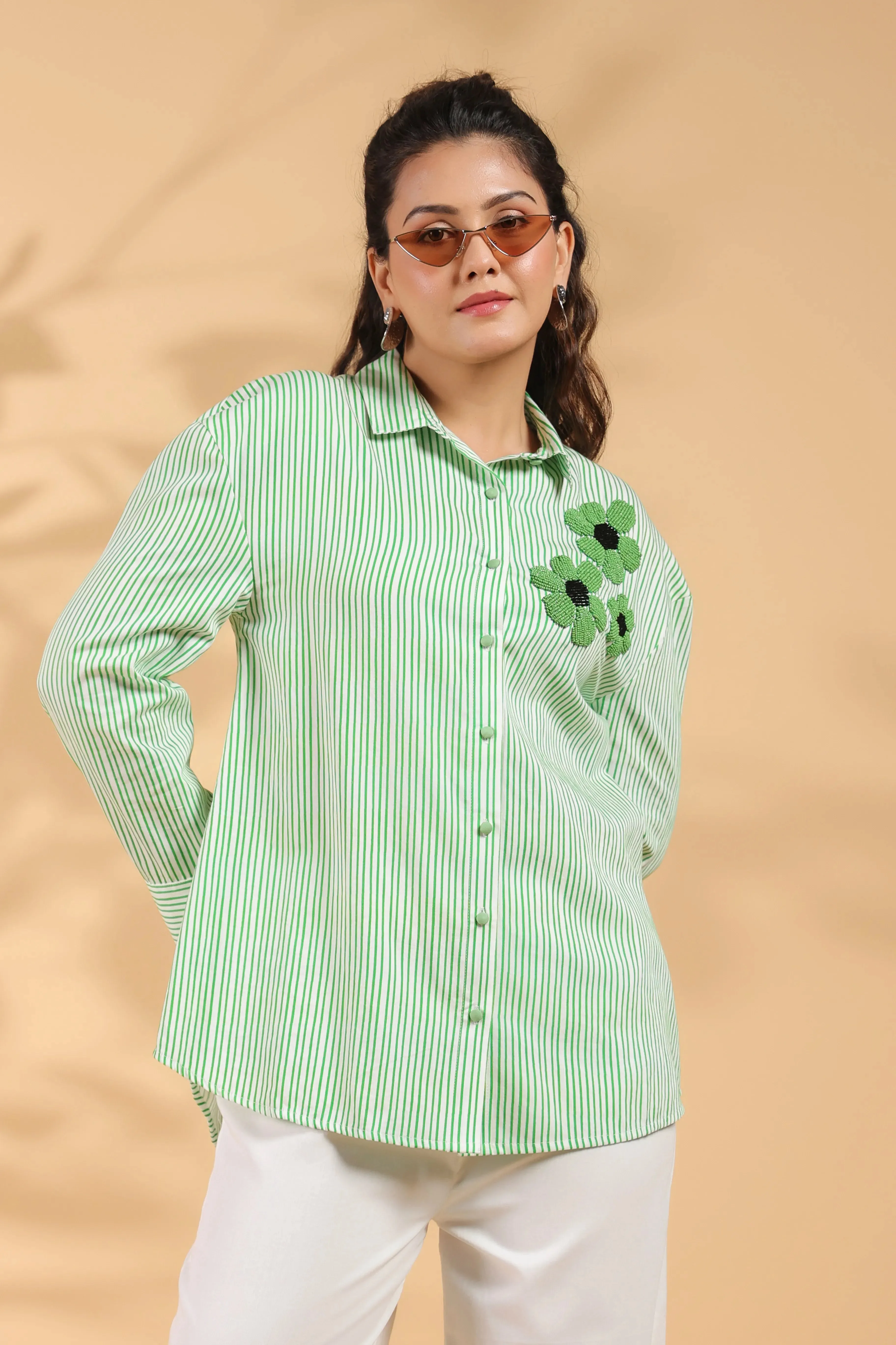 Green & White Stripe Cotton Satin Beaded flower Embroidered Shirt