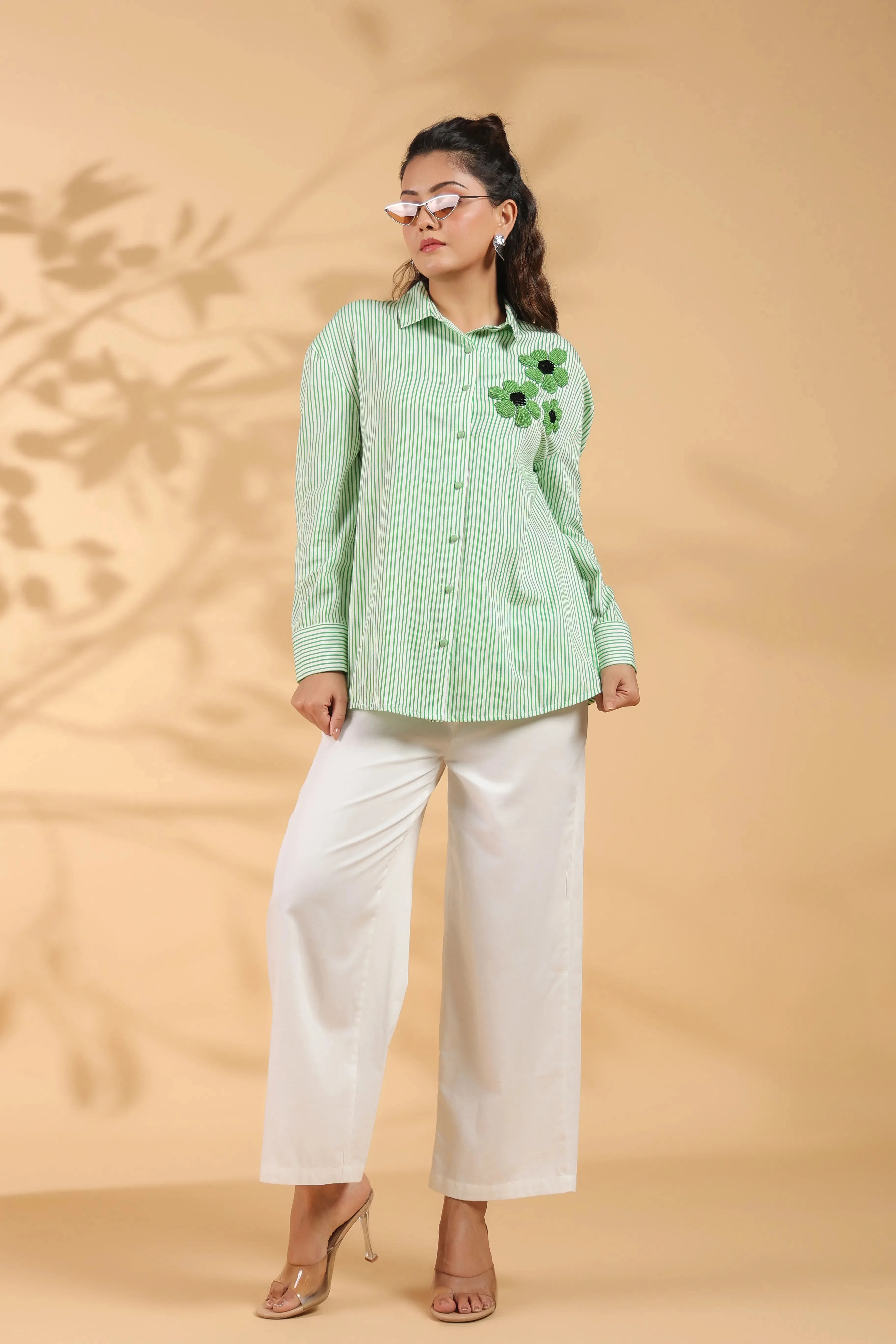 Green & White Stripe Cotton Satin Beaded flower Embroidered Shirt