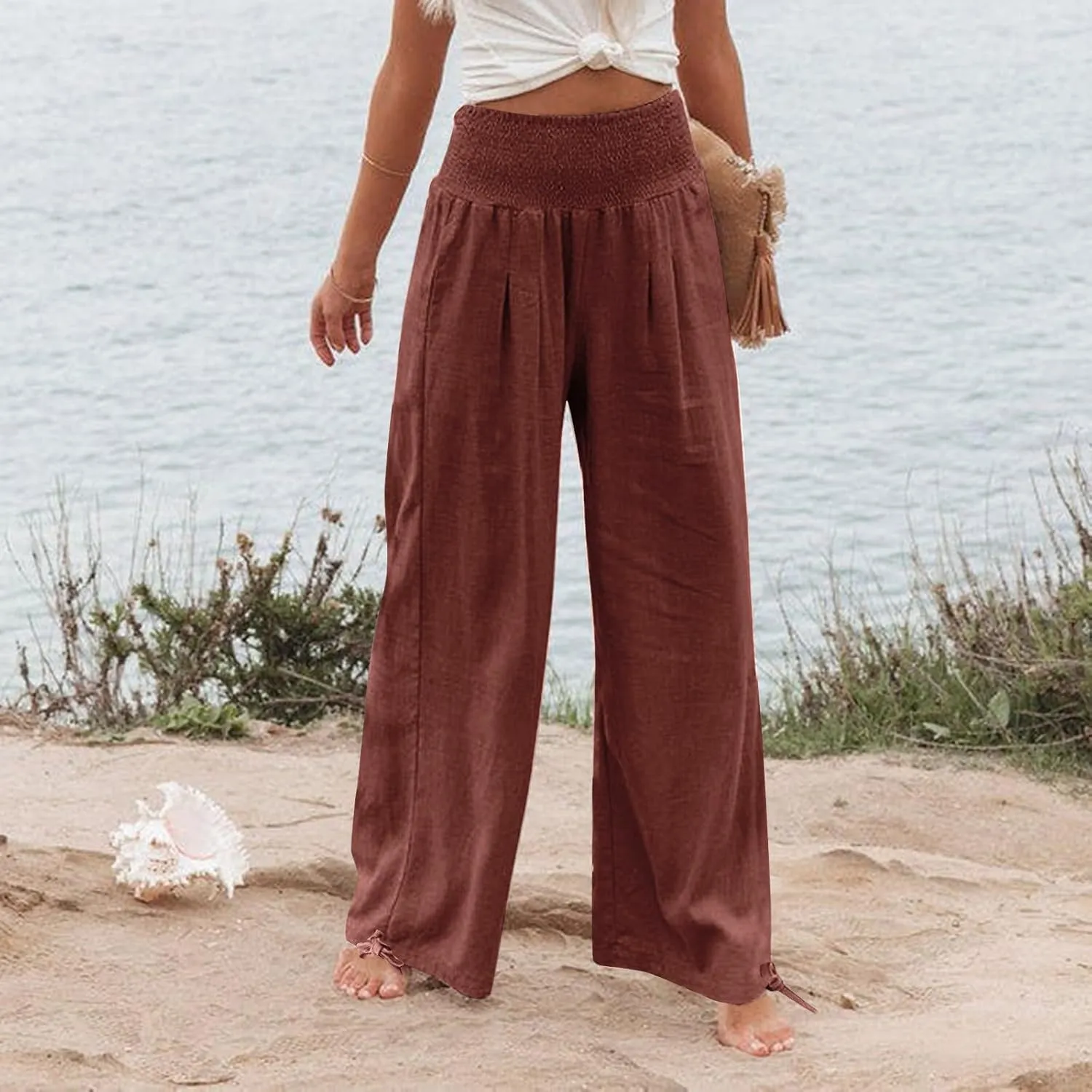 Gumipy Women Linen Pants Casual Baggy Wide Leg Pants Comfy High Waisted Lounge Pants Lightweight Beach Pants with Pockets