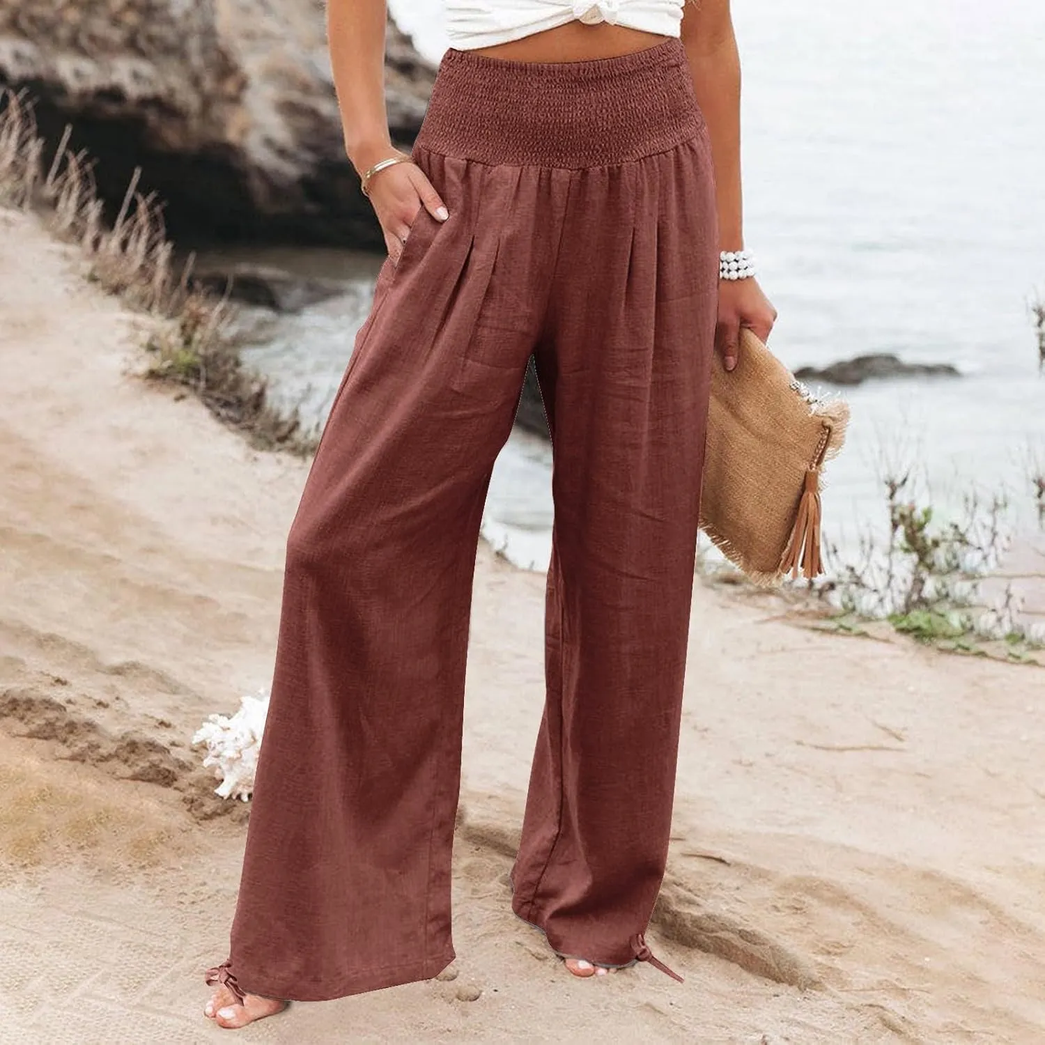 Gumipy Women Linen Pants Casual Baggy Wide Leg Pants Comfy High Waisted Lounge Pants Lightweight Beach Pants with Pockets