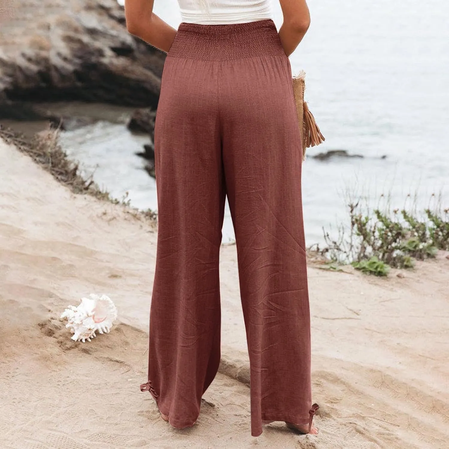 Gumipy Women Linen Pants Casual Baggy Wide Leg Pants Comfy High Waisted Lounge Pants Lightweight Beach Pants with Pockets