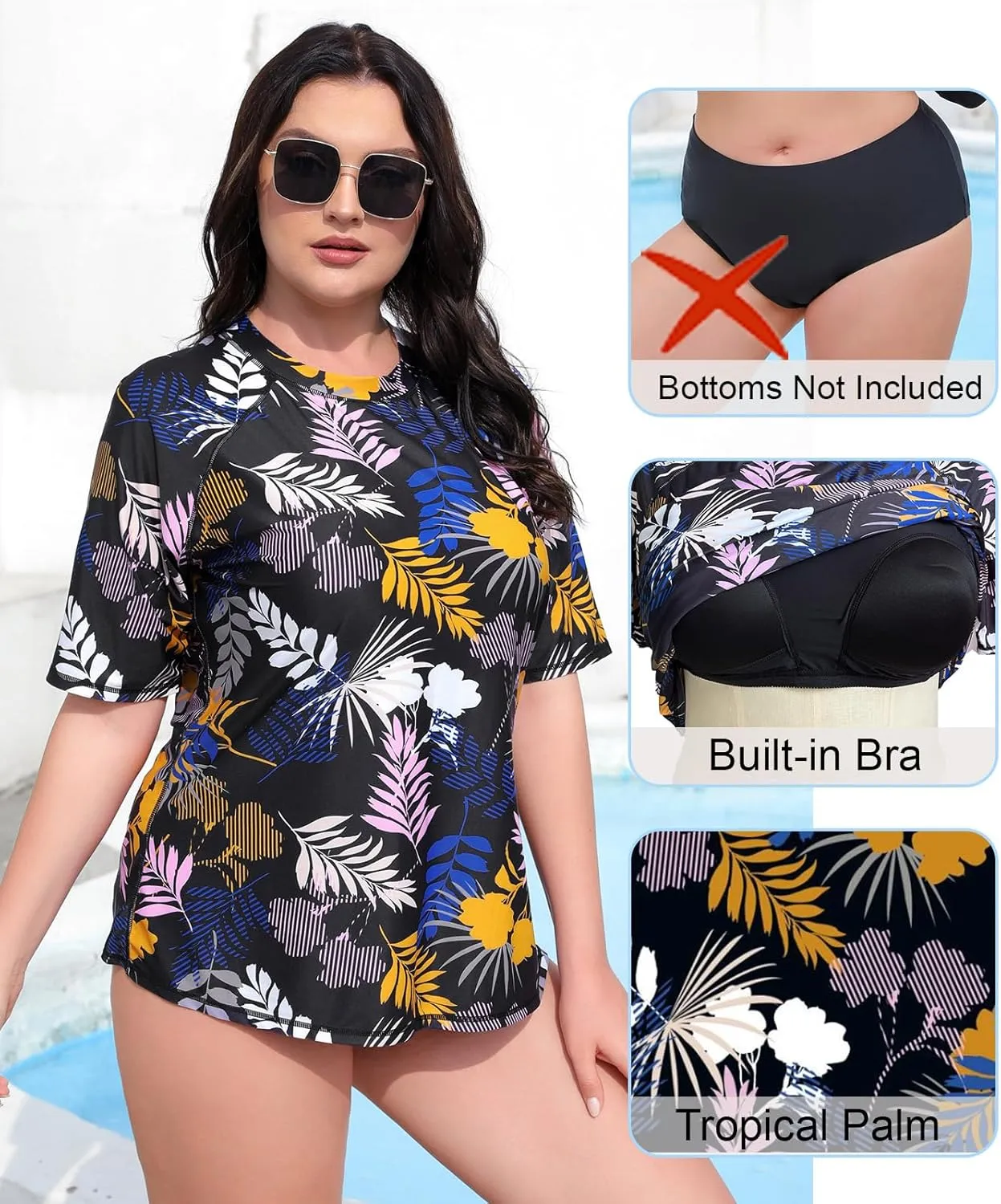 Halcurt Women's Plus Size Short Sleeve Rash Guard Swimsuit Top with Built in Bra Swim Shirt UPF50  Bathing Suit