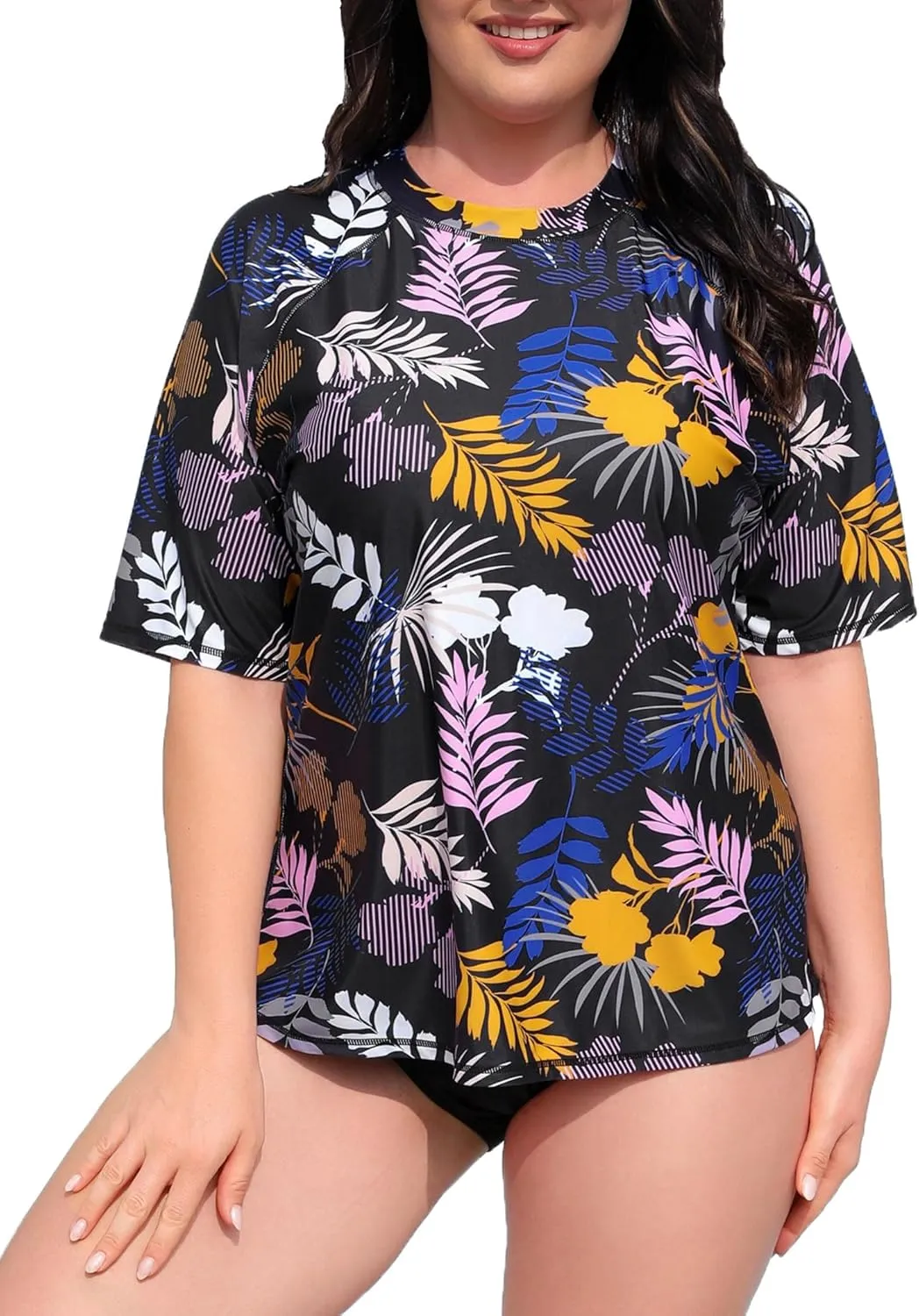 Halcurt Women's Plus Size Short Sleeve Rash Guard Swimsuit Top with Built in Bra Swim Shirt UPF50  Bathing Suit