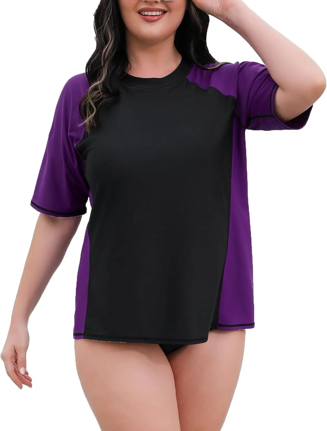 Halcurt Women's Plus Size Short Sleeve Rash Guard Swimsuit Top with Built in Bra Swim Shirt UPF50  Bathing Suit