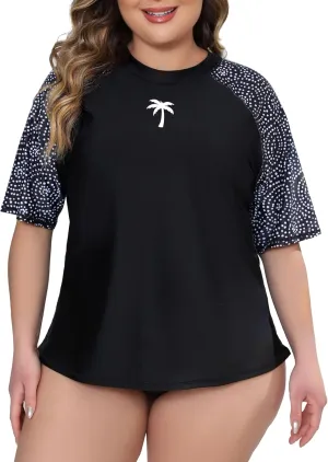 Halcurt Women's Plus Size Short Sleeve Rash Guard Swimsuit Top with Built in Bra Swim Shirt UPF50  Bathing Suit
