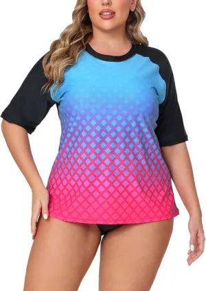 Halcurt Women's Plus Size Short Sleeve Rash Guard Swimsuit Top with Built in Bra Swim Shirt UPF50  Bathing Suit