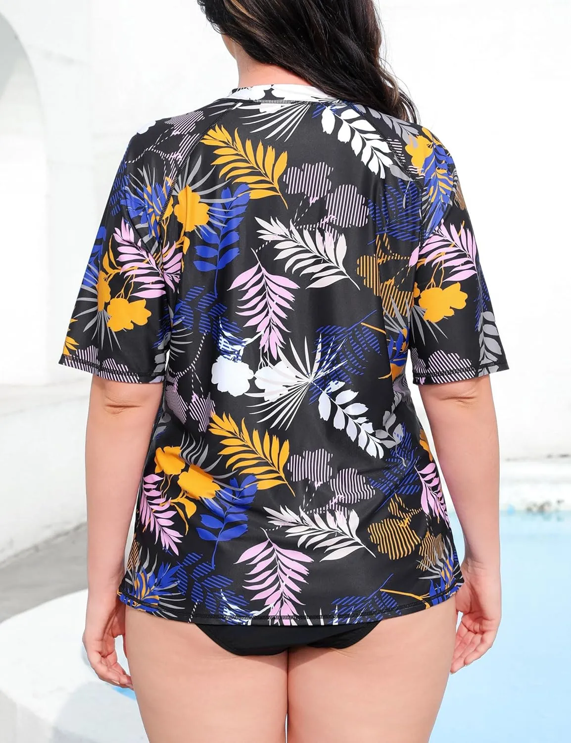 Halcurt Women's Plus Size Short Sleeve Rash Guard Swimsuit Top with Built in Bra Swim Shirt UPF50  Bathing Suit