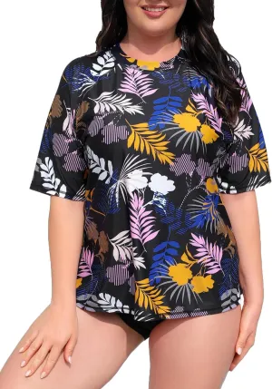 Halcurt Women's Plus Size Short Sleeve Rash Guard Swimsuit Top with Built in Bra Swim Shirt UPF50  Bathing Suit