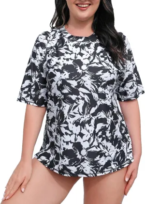 Halcurt Women's Plus Size Short Sleeve Rash Guard Swimsuit Top with Built in Bra Swim Shirt UPF50  Bathing Suit