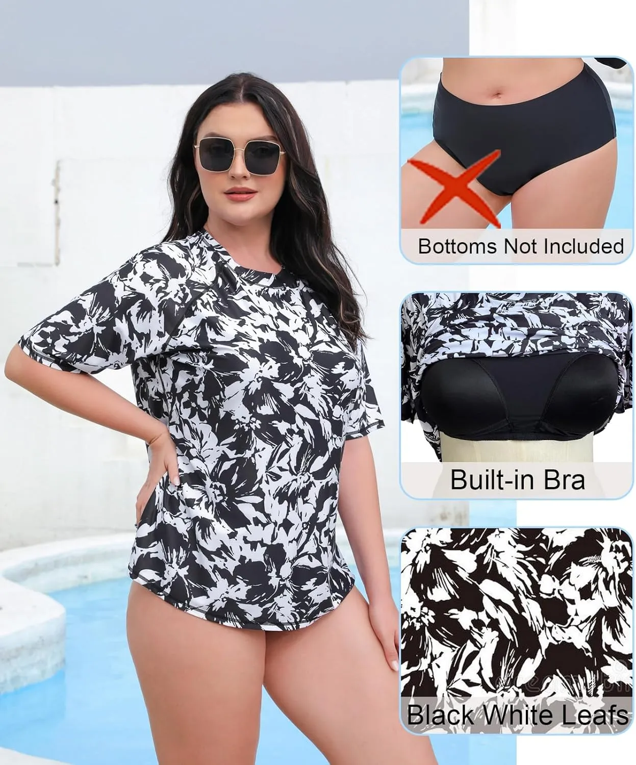 Halcurt Women's Plus Size Short Sleeve Rash Guard Swimsuit Top with Built in Bra Swim Shirt UPF50  Bathing Suit
