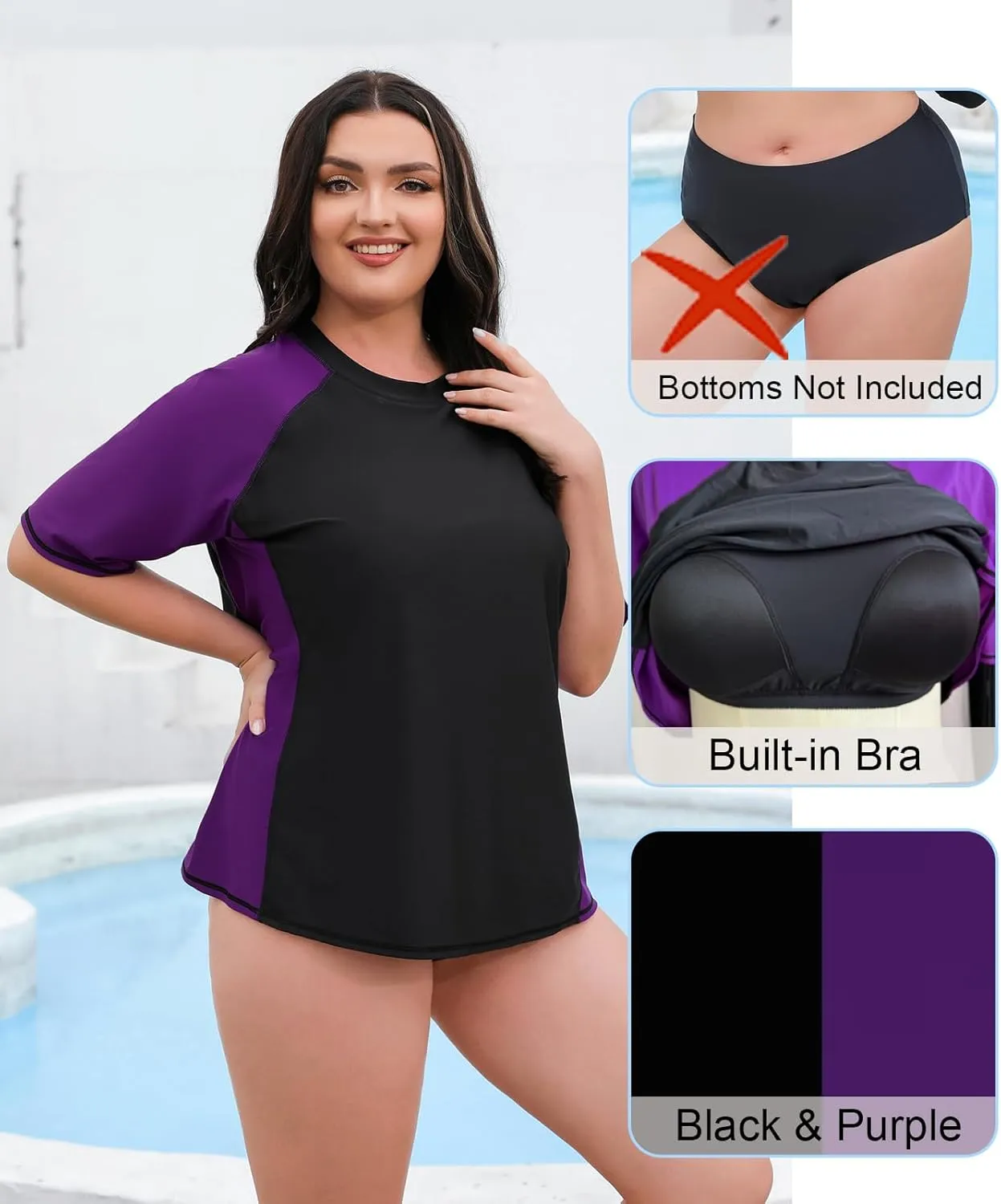 Halcurt Women's Plus Size Short Sleeve Rash Guard Swimsuit Top with Built in Bra Swim Shirt UPF50  Bathing Suit
