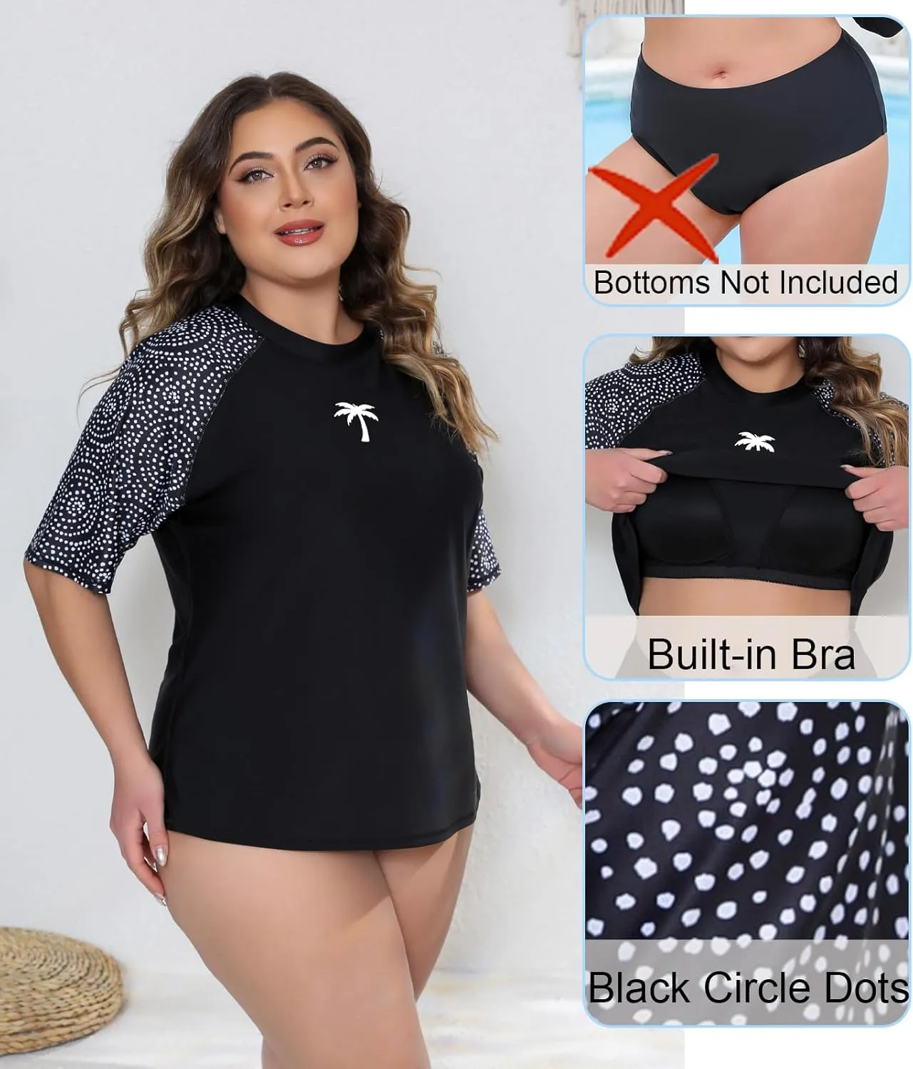 Halcurt Women's Plus Size Short Sleeve Rash Guard Swimsuit Top with Built in Bra Swim Shirt UPF50  Bathing Suit