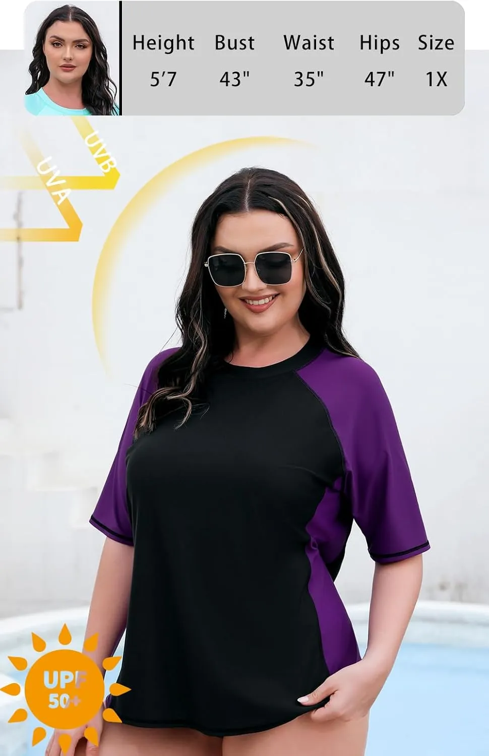Halcurt Women's Plus Size Short Sleeve Rash Guard Swimsuit Top with Built in Bra Swim Shirt UPF50  Bathing Suit
