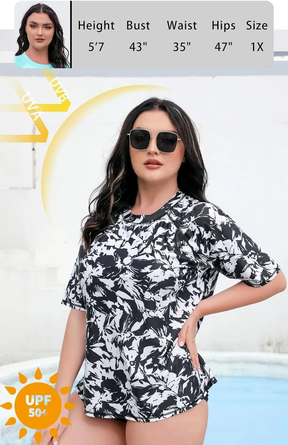 Halcurt Women's Plus Size Short Sleeve Rash Guard Swimsuit Top with Built in Bra Swim Shirt UPF50  Bathing Suit