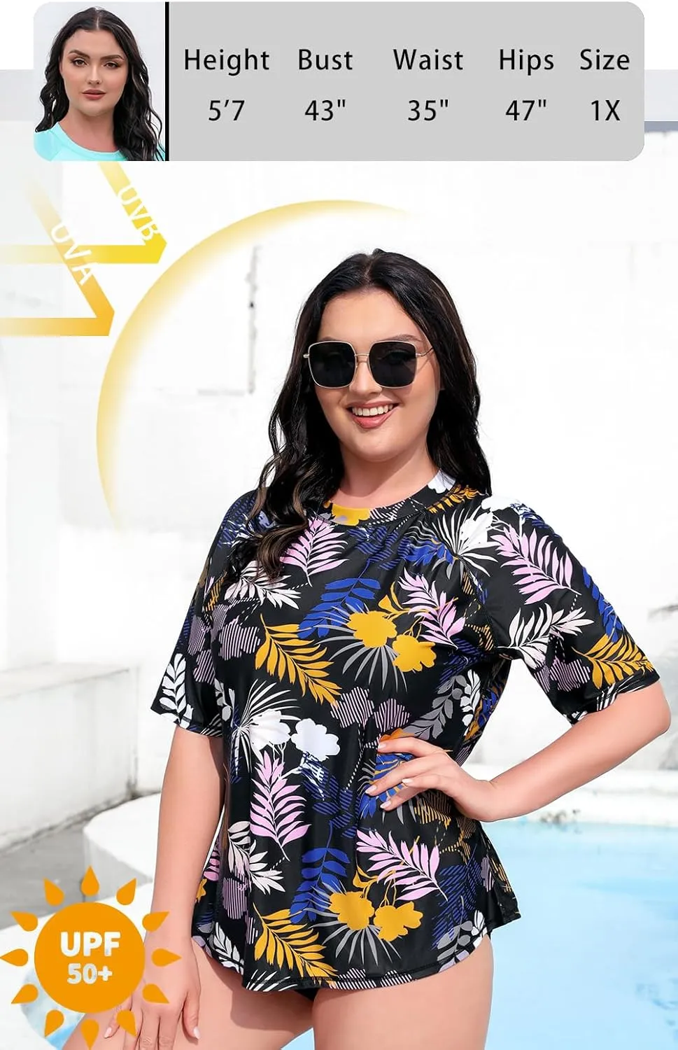 Halcurt Women's Plus Size Short Sleeve Rash Guard Swimsuit Top with Built in Bra Swim Shirt UPF50  Bathing Suit
