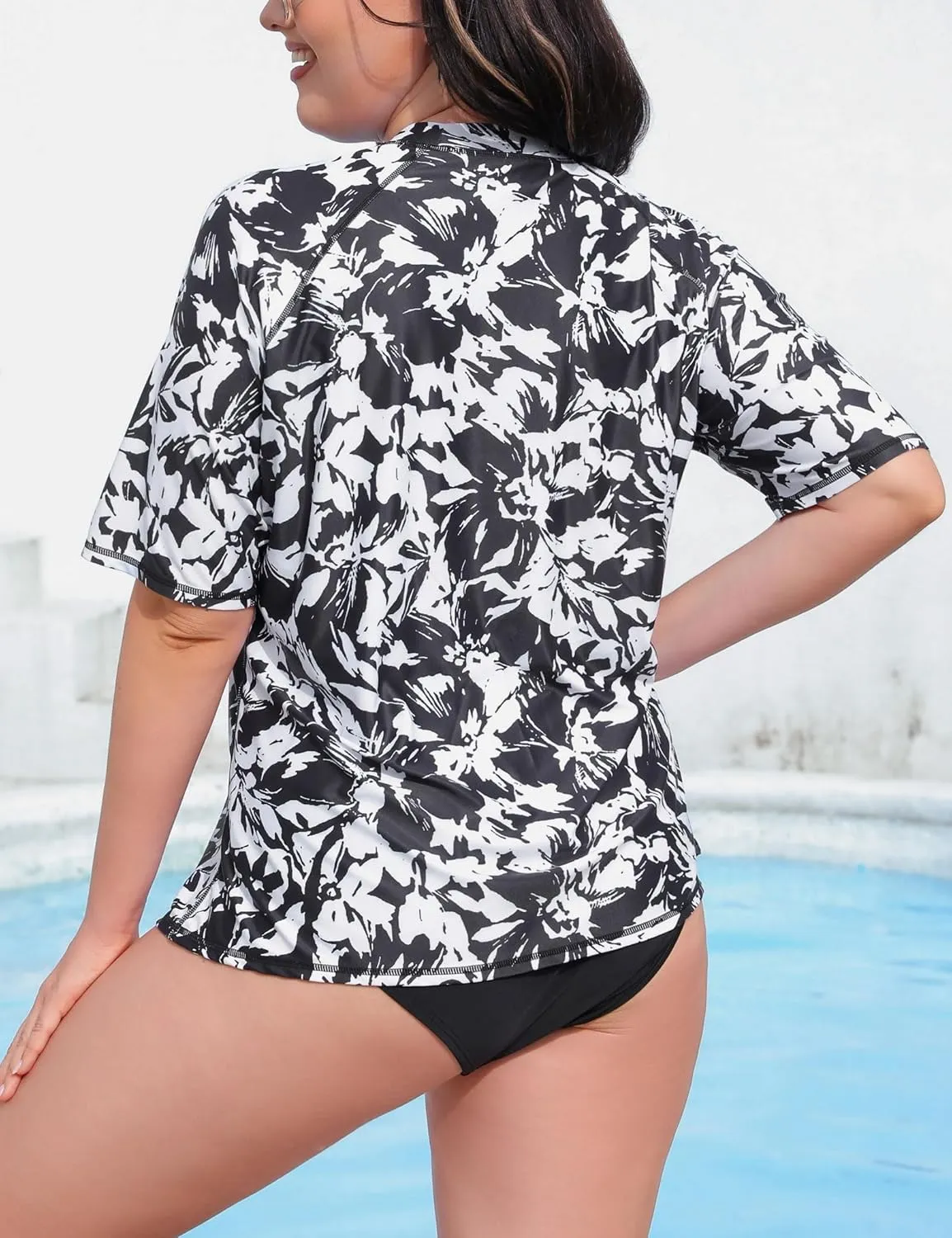 Halcurt Women's Plus Size Short Sleeve Rash Guard Swimsuit Top with Built in Bra Swim Shirt UPF50  Bathing Suit