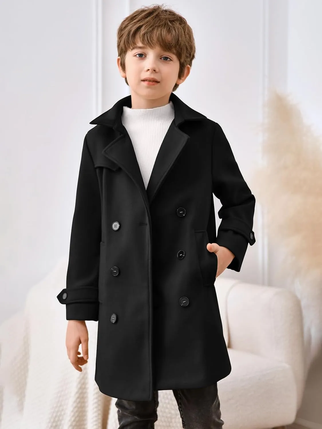 Haloumoning Boys Double Breasted Peacoat Notched Lapel Collar Wool Blend Long Coat with Pockets