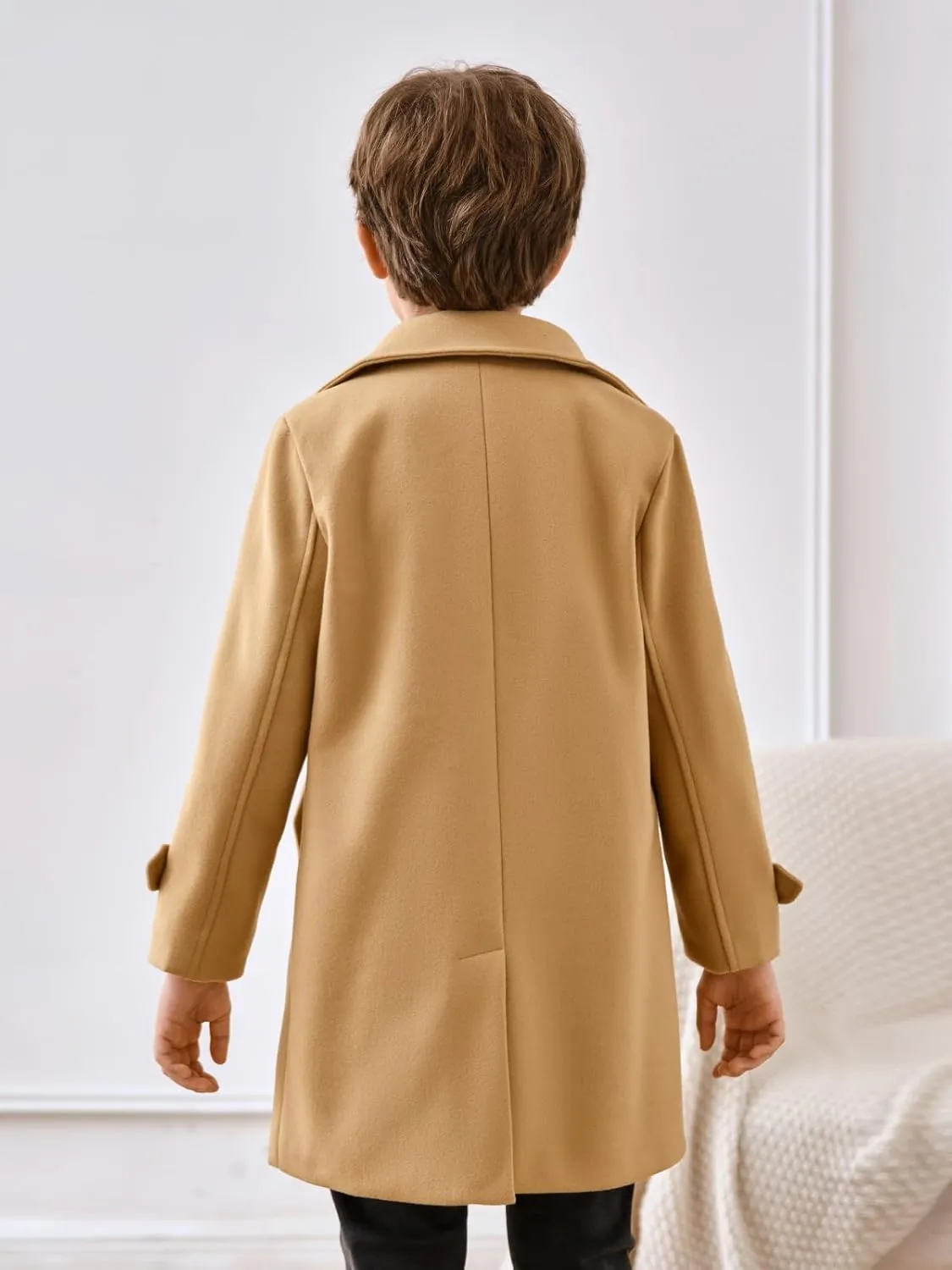 Haloumoning Boys Double Breasted Peacoat Notched Lapel Collar Wool Blend Long Coat with Pockets