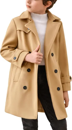 Haloumoning Boys Double Breasted Peacoat Notched Lapel Collar Wool Blend Long Coat with Pockets