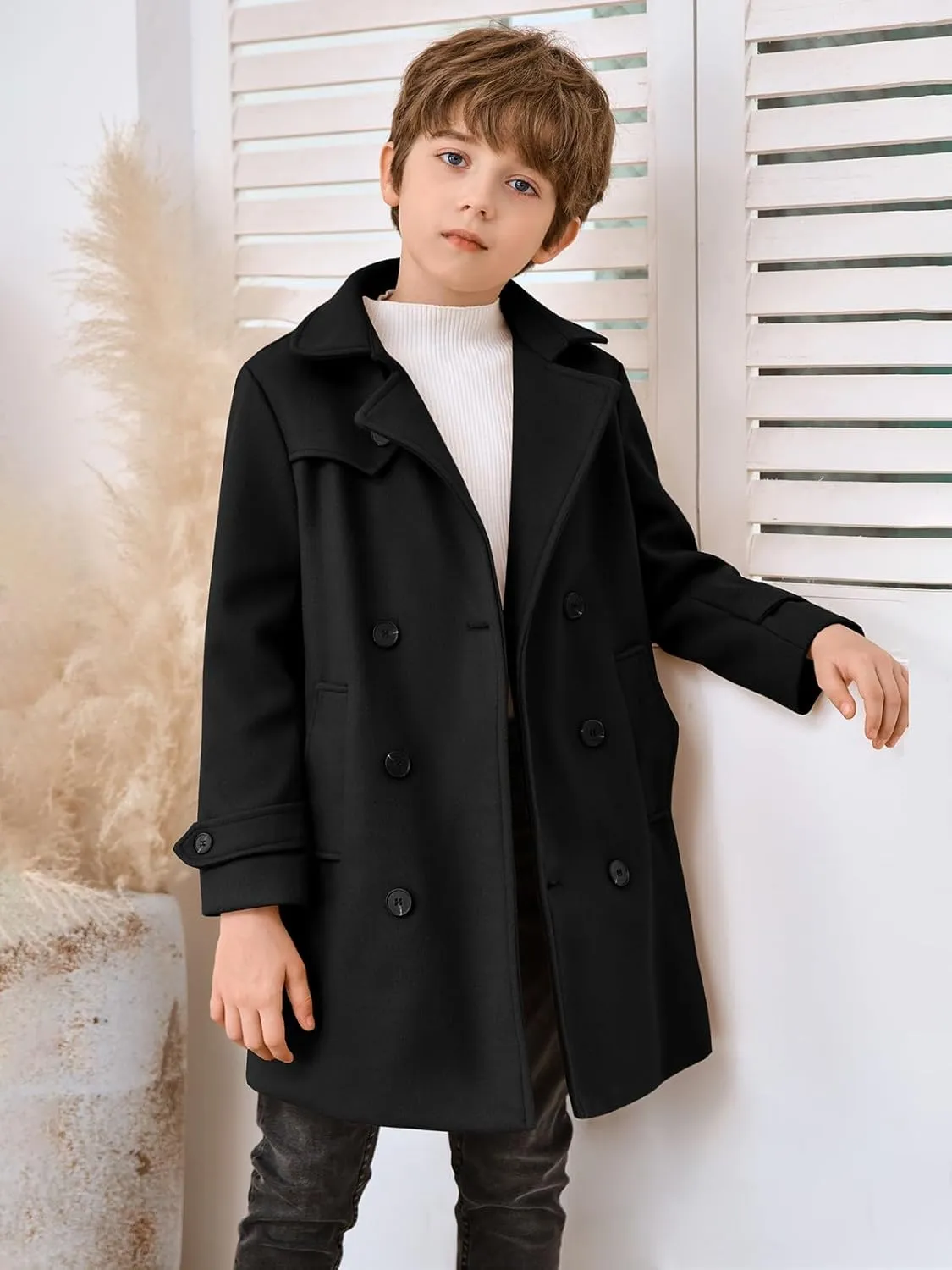 Haloumoning Boys Double Breasted Peacoat Notched Lapel Collar Wool Blend Long Coat with Pockets