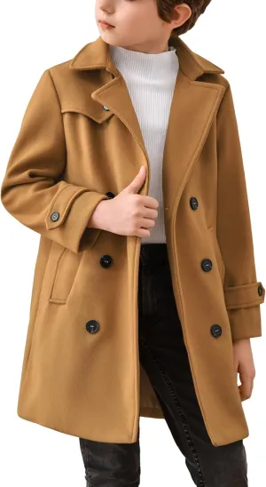 Haloumoning Boys Double Breasted Peacoat Notched Lapel Collar Wool Blend Long Coat with Pockets