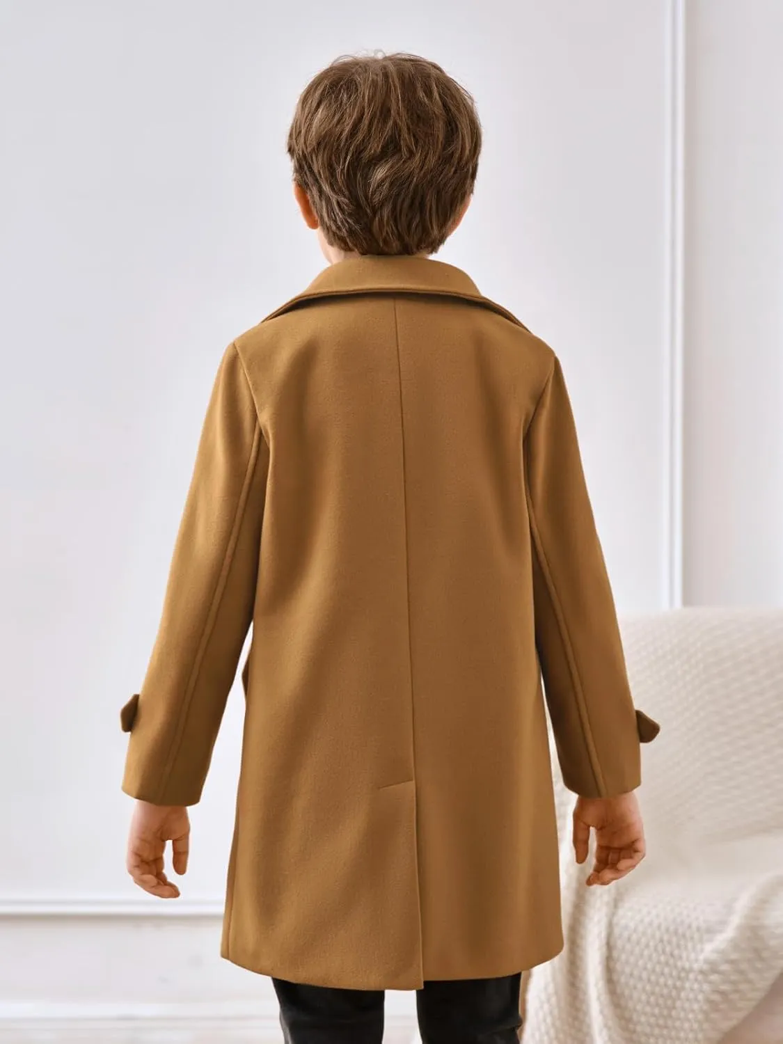 Haloumoning Boys Double Breasted Peacoat Notched Lapel Collar Wool Blend Long Coat with Pockets