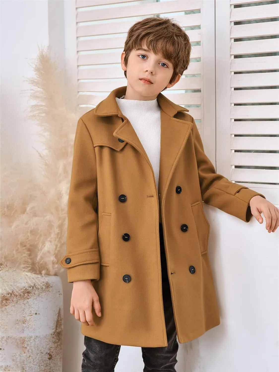 Haloumoning Boys Double Breasted Peacoat Notched Lapel Collar Wool Blend Long Coat with Pockets