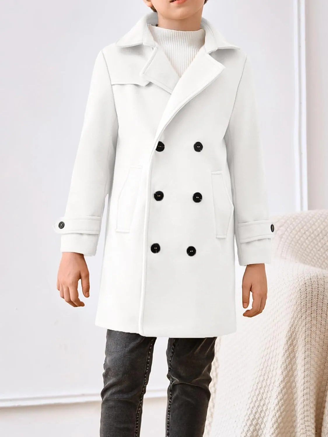 Haloumoning Boys Double Breasted Peacoat Notched Lapel Collar Wool Blend Long Coat with Pockets