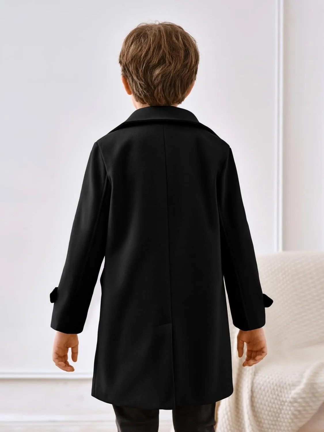 Haloumoning Boys Double Breasted Peacoat Notched Lapel Collar Wool Blend Long Coat with Pockets