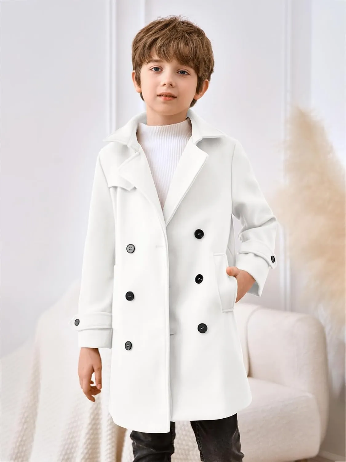 Haloumoning Boys Double Breasted Peacoat Notched Lapel Collar Wool Blend Long Coat with Pockets