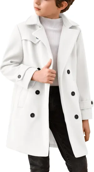 Haloumoning Boys Double Breasted Peacoat Notched Lapel Collar Wool Blend Long Coat with Pockets