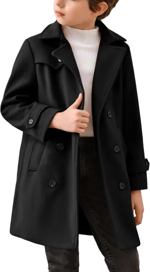 Haloumoning Boys Double Breasted Peacoat Notched Lapel Collar Wool Blend Long Coat with Pockets