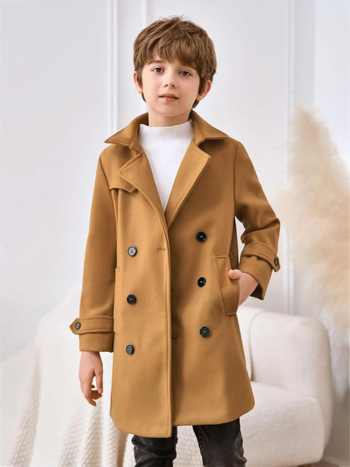 Haloumoning Boys Double Breasted Peacoat Notched Lapel Collar Wool Blend Long Coat with Pockets