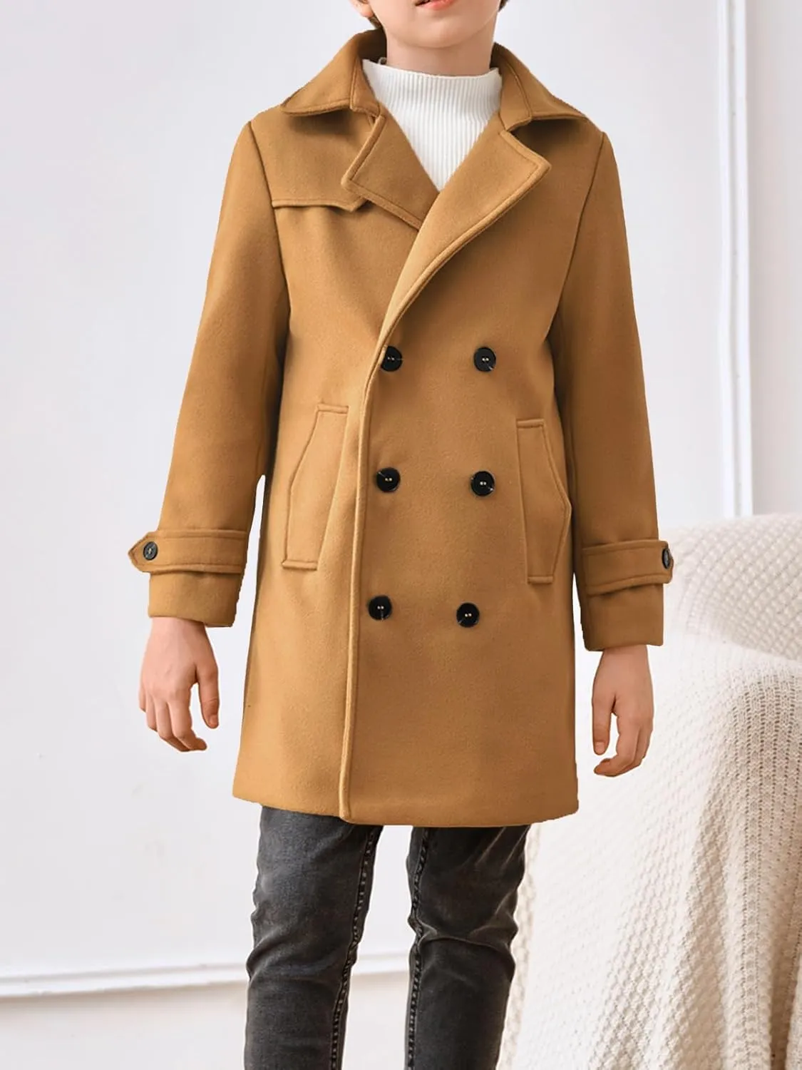 Haloumoning Boys Double Breasted Peacoat Notched Lapel Collar Wool Blend Long Coat with Pockets