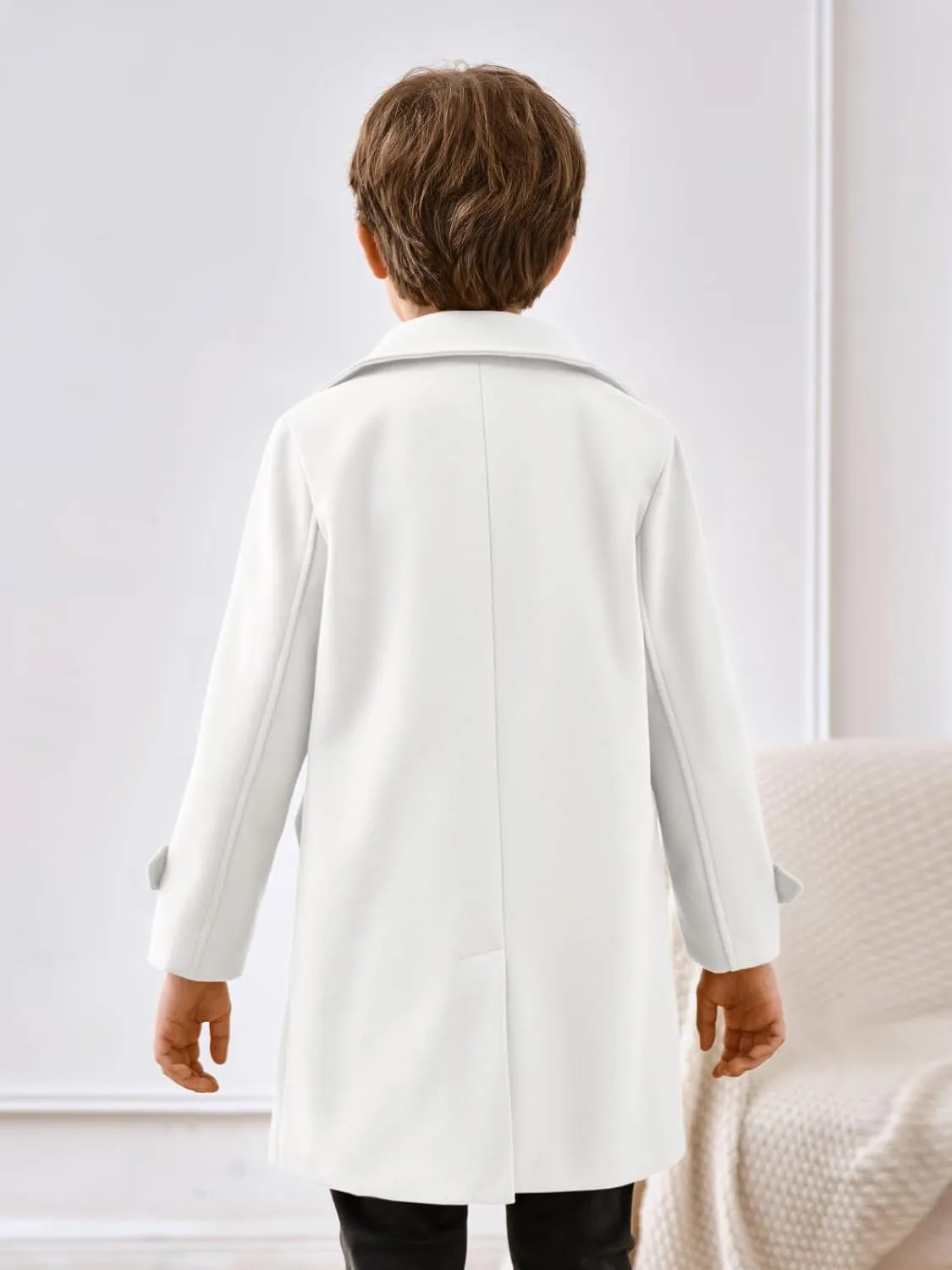 Haloumoning Boys Double Breasted Peacoat Notched Lapel Collar Wool Blend Long Coat with Pockets
