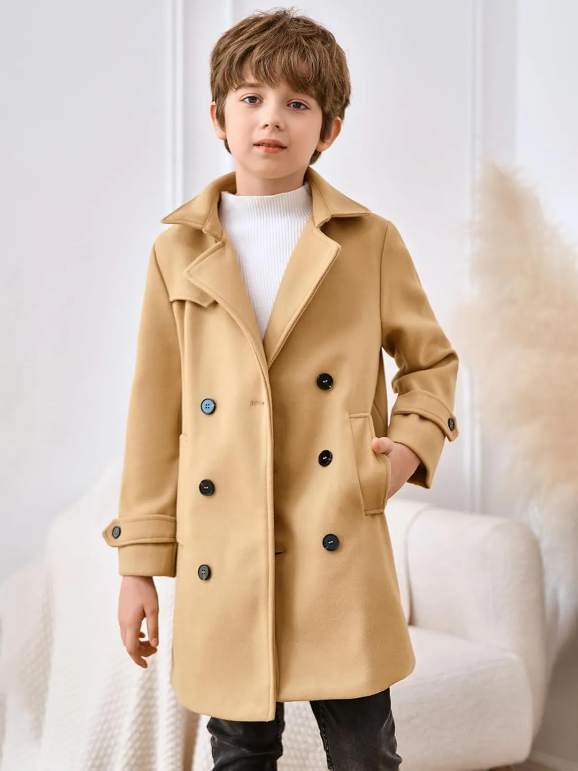 Haloumoning Boys Double Breasted Peacoat Notched Lapel Collar Wool Blend Long Coat with Pockets