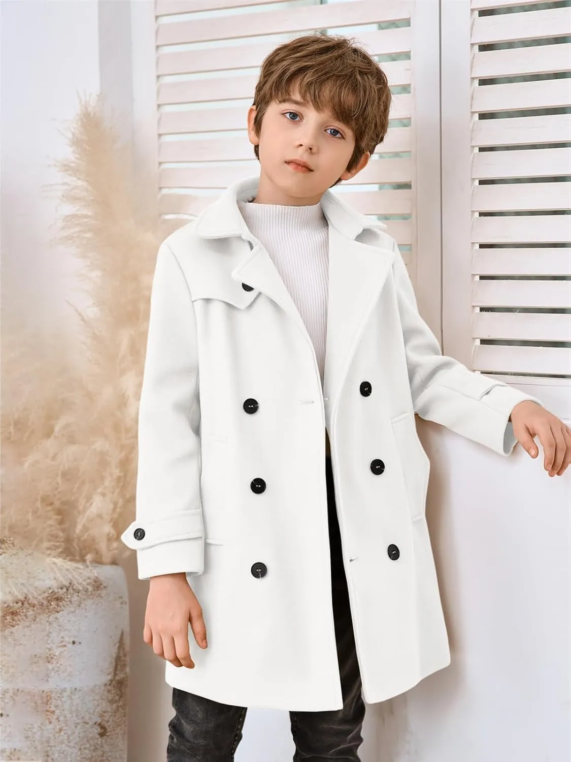 Haloumoning Boys Double Breasted Peacoat Notched Lapel Collar Wool Blend Long Coat with Pockets