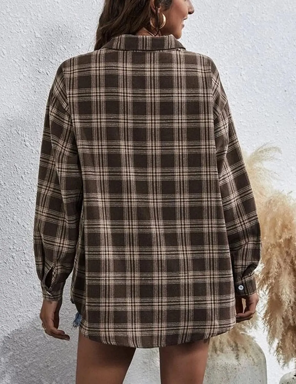 HangNiFang Womens Flannel Plaid Shirts Oversized Lightweight Button Down Shirts Blouse