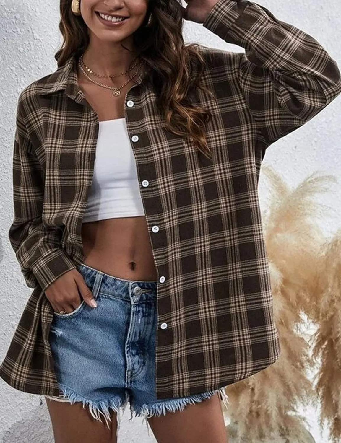 HangNiFang Womens Flannel Plaid Shirts Oversized Lightweight Button Down Shirts Blouse