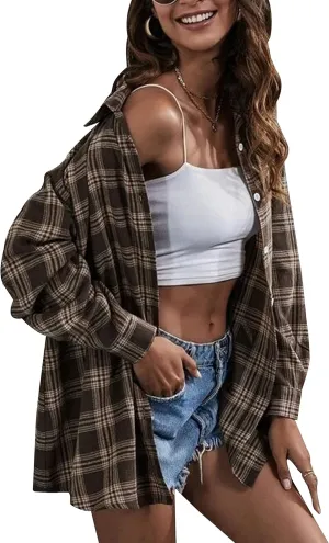 HangNiFang Womens Flannel Plaid Shirts Oversized Lightweight Button Down Shirts Blouse