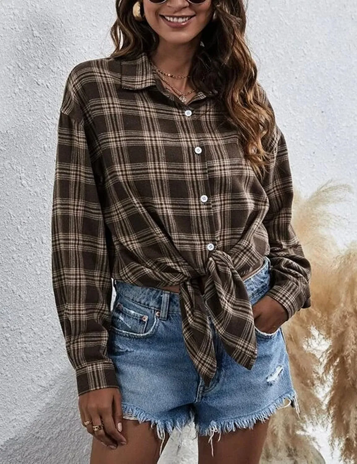 HangNiFang Womens Flannel Plaid Shirts Oversized Lightweight Button Down Shirts Blouse