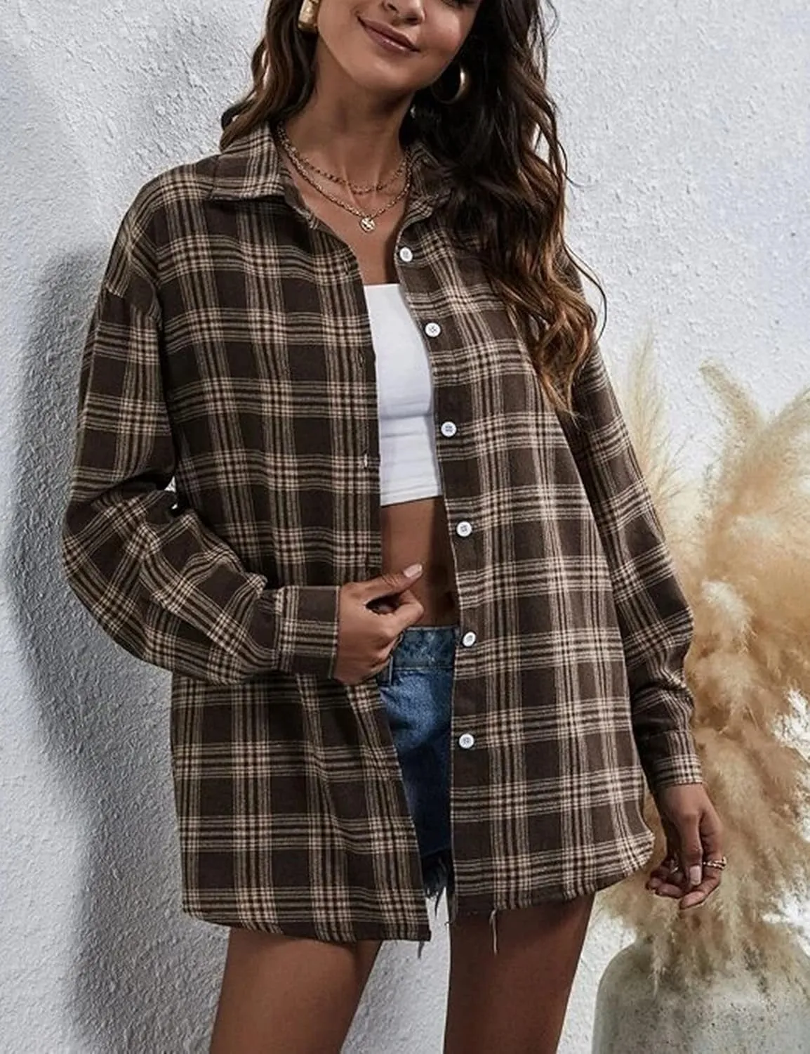HangNiFang Womens Flannel Plaid Shirts Oversized Lightweight Button Down Shirts Blouse