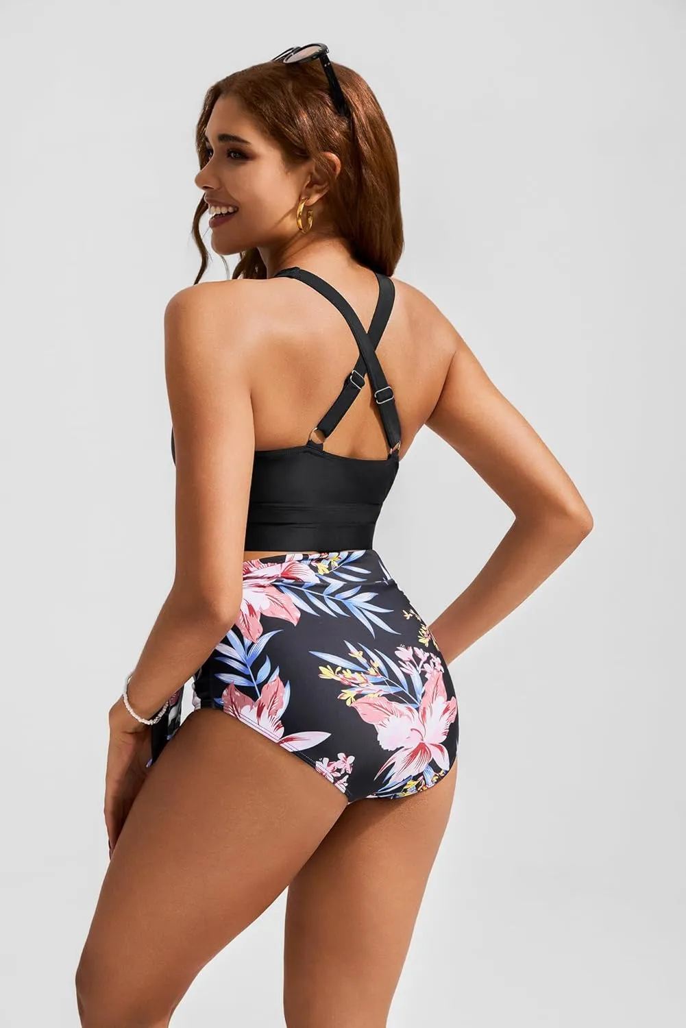 Hanna Nikole Women High Waisted Bikini Sets Two Piece Tummy Control Bikini Swimsuit with Tie Side Knot