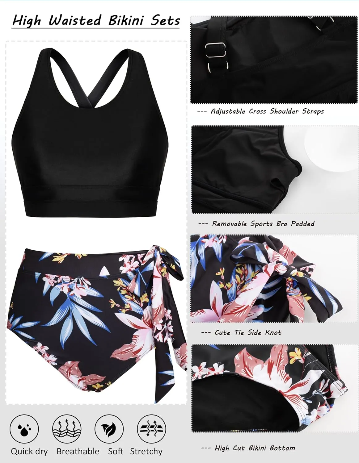 Hanna Nikole Women High Waisted Bikini Sets Two Piece Tummy Control Bikini Swimsuit with Tie Side Knot